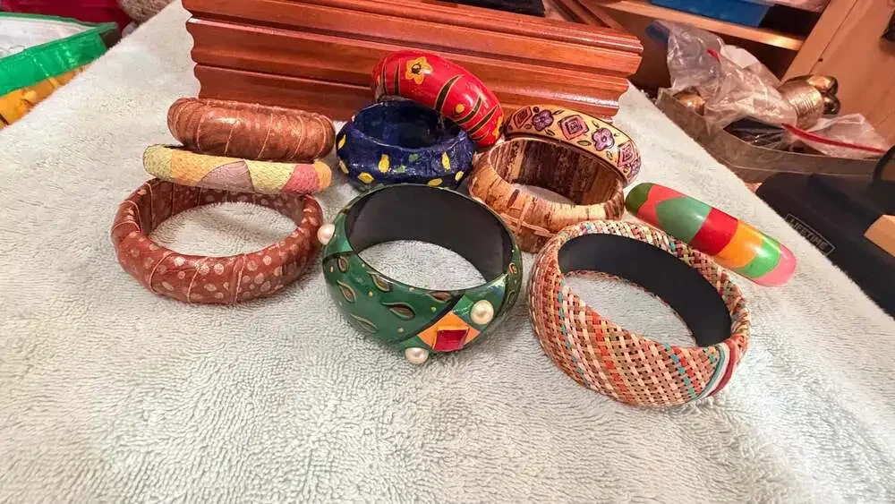 Set of 10 Assorted Vintage Style Boho Wooden and Textured Bangle Bracelets